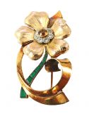 Retro Citrine Diamond and Chrysoprase Brooch