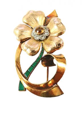 Retro Citrine Diamond and Chrysoprase Brooch