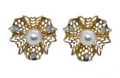 Retro Cultured Pearl and Diamond Floral Earrings