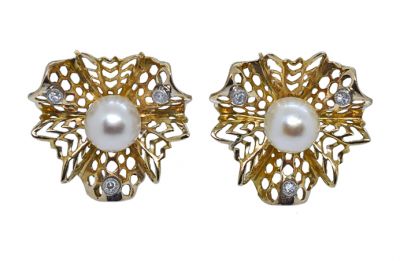 Retro Cultured Pearl and Diamond Floral Earrings