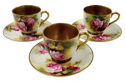 Royal Worcester Hand Painted Demitasse Cups & Saucers, Signed Spilsbury and Hunt