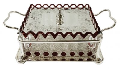 Victorian Silver Plate & Ruby Flash Glass Sardine Box