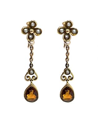 Vintage Citrine and Seed Pearl Drop Earrings
