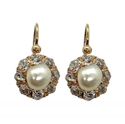 Vintage Cultured Pearl and Diamond Drop Earrings