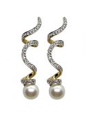 Vintage Cultured Pearl and Diamond Swirl Ribbon Drop Earrings