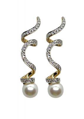 Vintage Cultured Pearl and Diamond Swirl Ribbon Drop Earrings