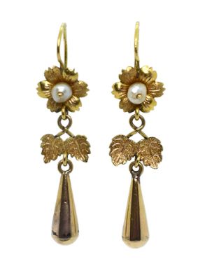 Vintage Cultured Pearl and Floral Drop Earrings