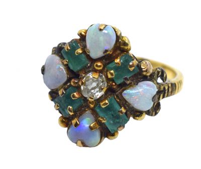 Vintage Diamond Emerald and Opal Cluster Ring