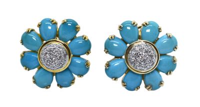 Vintage Diamond and Turquoise Floral Earrings