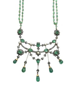 Vintage Emerald Diamond Freshwater Pearl Lavalier Necklace