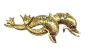 Vintage Ruby and Diamond Double Dolphin 18kt Brooch