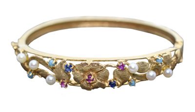 Vintage Sapphire Turquoise and Cultured Pearl Bangle Bracelet