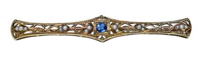 Vintage Sapphire and Pearl Open Work Bar Brooch