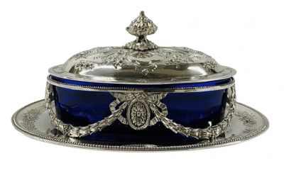 Vintage Silver Plate & Cobalt Blue Glass Covered Dish