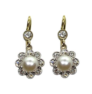 Vintage Split Pearl and Diamond Floral Drop Earrings