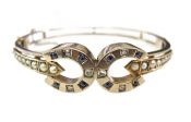 Antique Sapphire Diamond and Pearl Hinged Double Horseshoe Bangle Bracelet