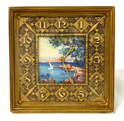 Art Deco Bronze Desk Clock With Miniature Painting On Ivory Clock 
