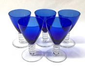 Art Deco Cobalt Blue Glass Wine Glasses, circa 1940