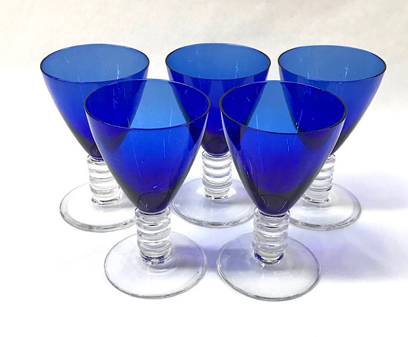 Art Deco Cobalt Blue Glass Wine Glasses, Circa 1940