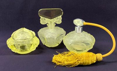 Art Deco Cut and Frosted Yellow Glass Vanity Set