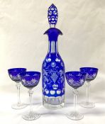 Bohemian Crystal Decanter and Long Stemmed Crystal Sherry Glasses, Cobalt Blue Cut to Clear