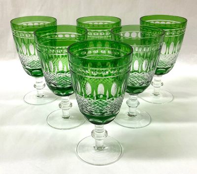 Bohemian Crystal Forest Green Cut To Clear Claret/Water Goblets