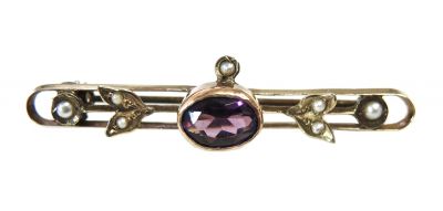 Edwardian Amethyst and Pearl Bar Brooch