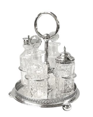 Edwardian Era English Silver Plate And Glass 4 Bottle Cruet Stand 
