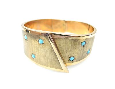 Estate Yellow Gold Turquoise Cuff Bangle