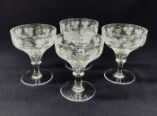 Grape and Vine Etched and Cut Crystal Champagne Coupes, English, Victorian