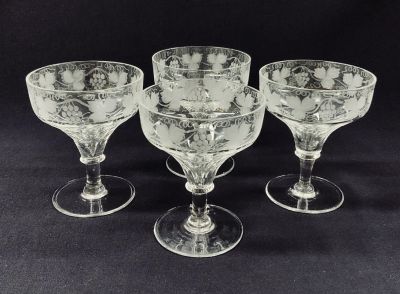 Grape and Vine Etched and Cut Crystal Champagne Coupes, English, Victorian