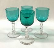 Mid 20th Century Hand Blown Wine Glasses With Green Bowls and Clear Stems