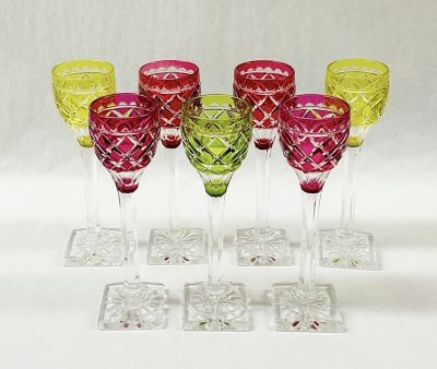 Multi-Coloured Bohemian Crystal Liqueur Glasses,  Mid 20th Century