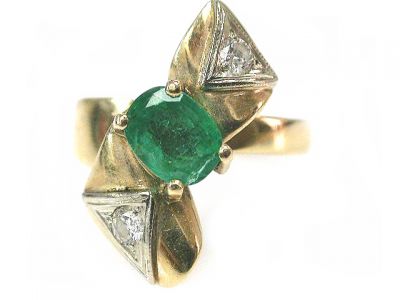 Retro .75ct Emerald and Diamond 14kt Ring