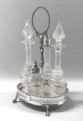 Victorian Cut Crystal And Silver Plate 4 Bottle Cruet Stand, English, Mid-19th Century