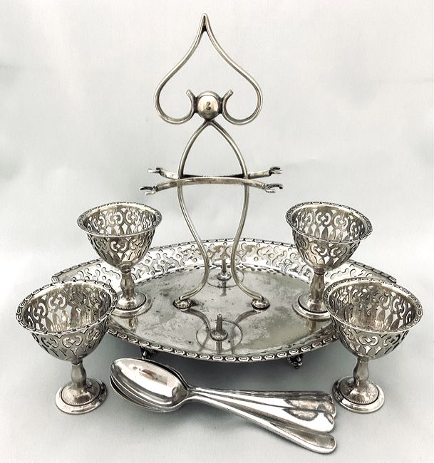 Victorian Silver Plate Egg Stand With Cups and Spoons