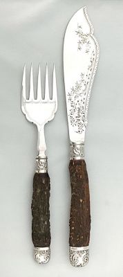 Victorian Silver Plate Fish Servers With Stag Handles