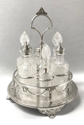 Victorian Era Silver Plate And Cut Crystal 6 Bottle Cruet Stand, English, circa 1890