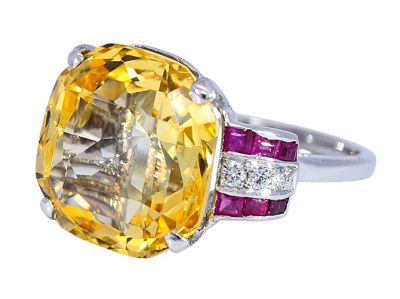 Vintage 11.80ct Natural Yellow Sapphire Ruby and Diamond Ring in Palladium