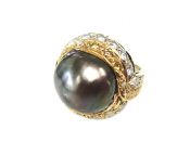 Vintage Black Tahitian Pearl and Diamond Ring