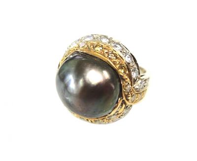 Vintage Black Tahitian Pearl and Diamond Ring