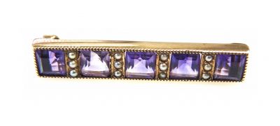 Vintage Amethyst and Seed Pearl Bar Brooch