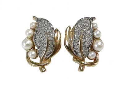 Vintage Cultured Pearl and Diamond Leaf Motif Earrings