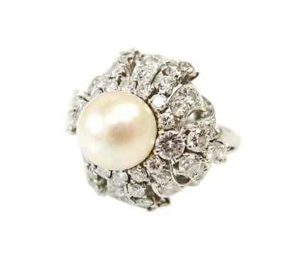 Vintage Cultured Pearl and Diamond Ring