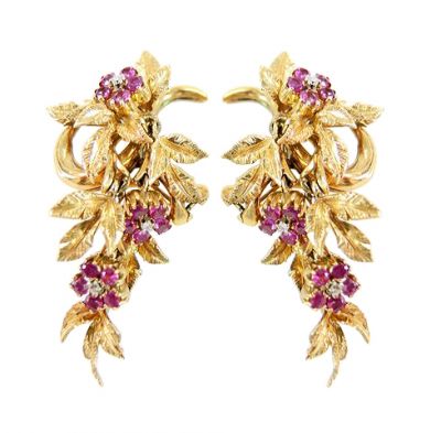 Vintage Diamond and Ruby Floral Cluster 18kt Earrings