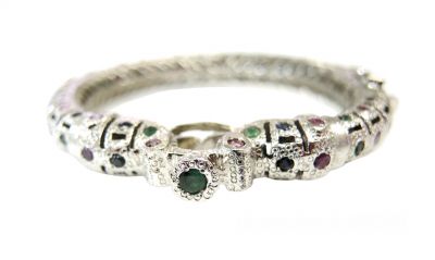 Vintage Emerald Sapphire and Ruby Hinged Bangle Bracelet