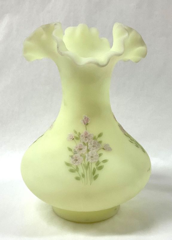 Vintage Fenton Satin Custard Glass Vase With Crimped Rim