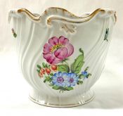 Vintage Herend Porcelain Ribbed Cachepot With Hand Painted Floral Bouquets