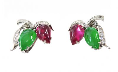 Vintage Ruby Jade and Diamond Earrings