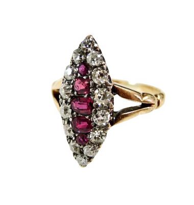 Antique Edwardian Navette Shape Ruby and Diamond Ring